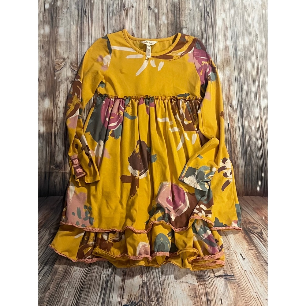 Matilda Jane Dress Girls 10 Yellow Excellent Floral Tiered Ruffle Long Sleeve